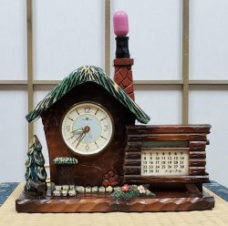 画像1: 東京時計・山小屋風・昭和３０年代オルゴール付置き時計【三色すみれ】カレンダー、豆電球付き