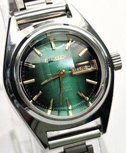 画像1: シチズン・コスモスターV2・貴重な３面カットガラス・婦人用自動巻き・グリーン文字板・【１９７３年・昭和４８年・月生まれ】