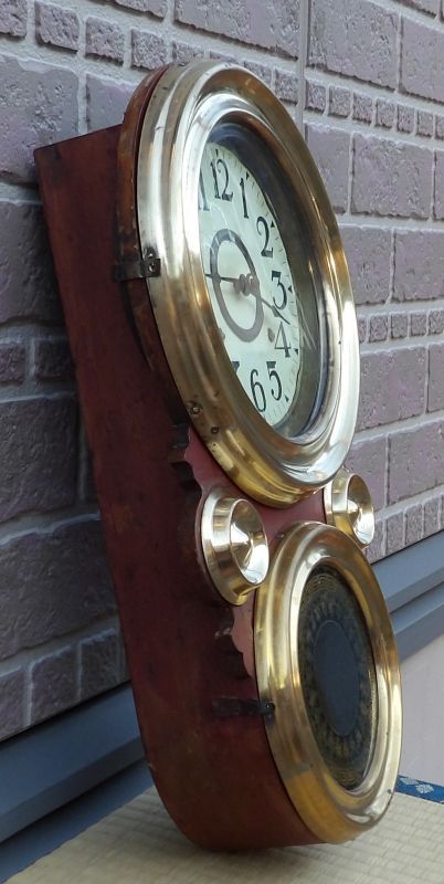 画像: 愛知・四つ丸ダルマ時計・明治期・綺麗な真鍮枠の八日まき掛時計