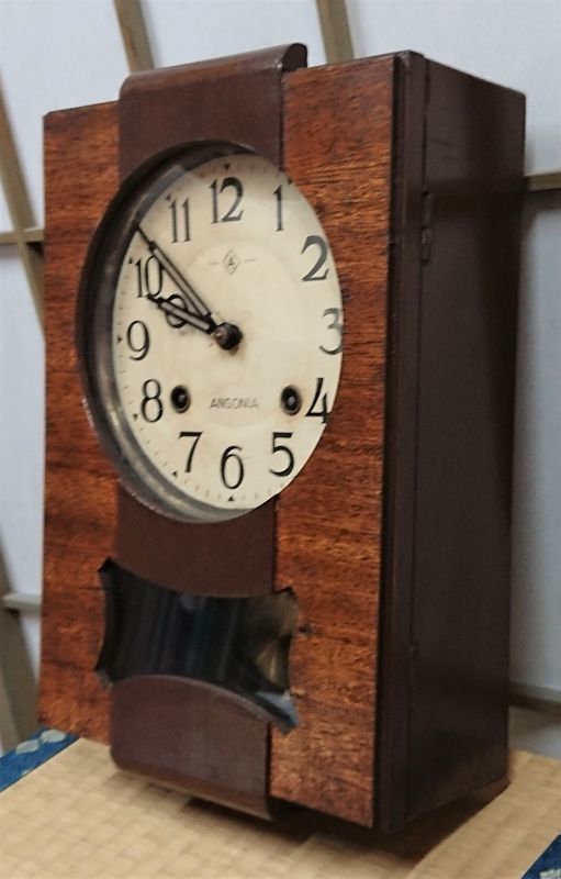 画像: 小型の八日巻き掛時計・長方形・昭和中期・渦巻きボンボン